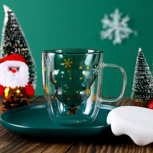Double Wall Christmas Tree Glass Mug